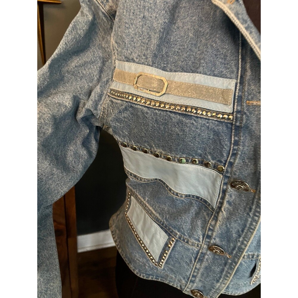 Vintage 90’s Y2K Cache’ by Isabella Sole Denim Leather Patchwork Studs Jacket M - Picture 4 of 9